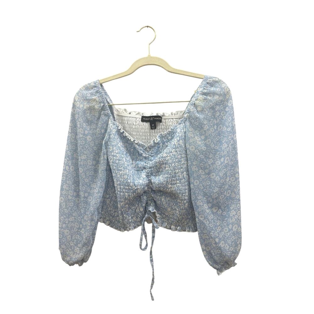 Almost Famous Light Blue Floral Smocked Tie-Front Blouse